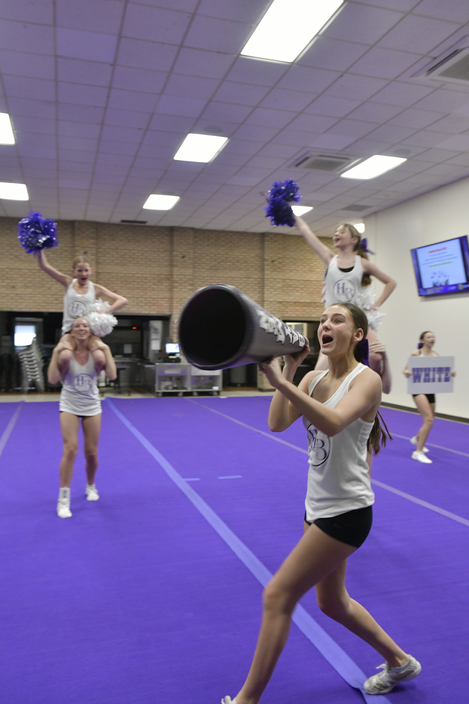 The Hampton Bays High School competitive cheerleading team at practice on February 9. For the first time since 2020, the team has advanced and qualified for the Suffolk County Championship on February 17.   DANA SHAW