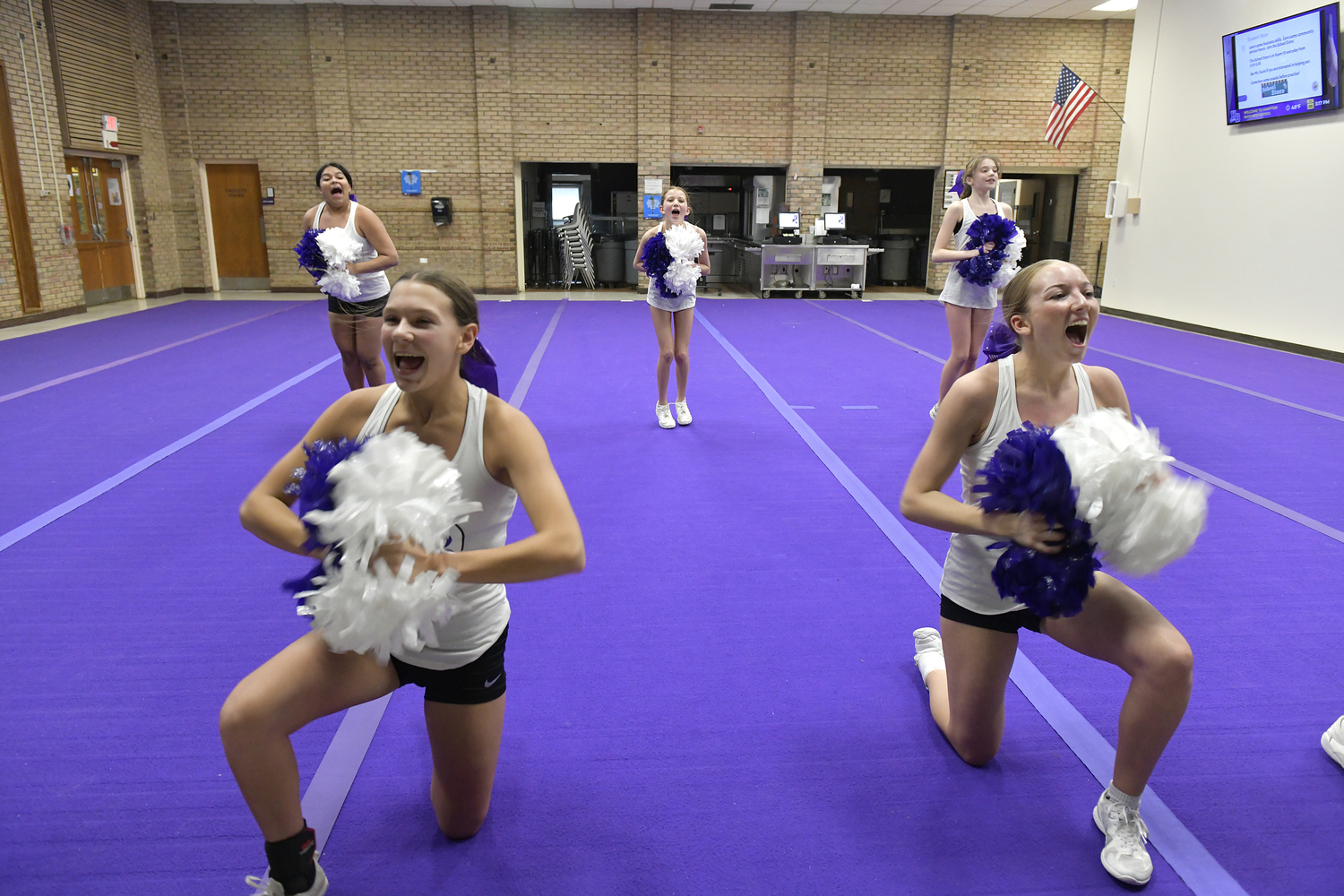 The Hampton Bays High School competitive cheerleading team at practice on February 9. For the first time since 2020, the team has advanced and qualified for the Suffolk County Championship on February 17.   DANA SHAW