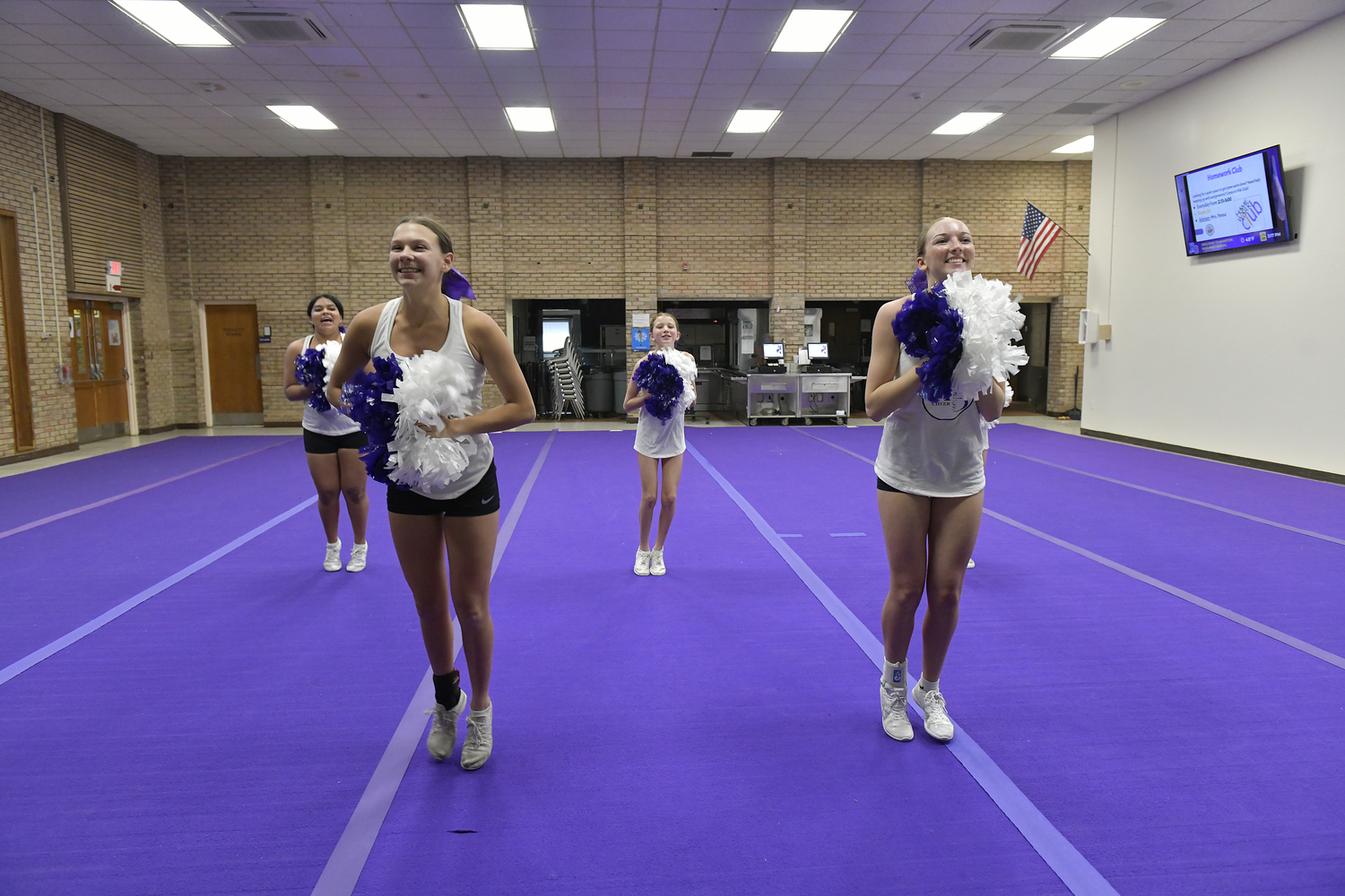 The Hampton Bays High School competitive cheerleading team at practice on February 9. For the first time since 2020, the team has advanced and qualified for the Suffolk County Championship on February 17.   DANA SHAW