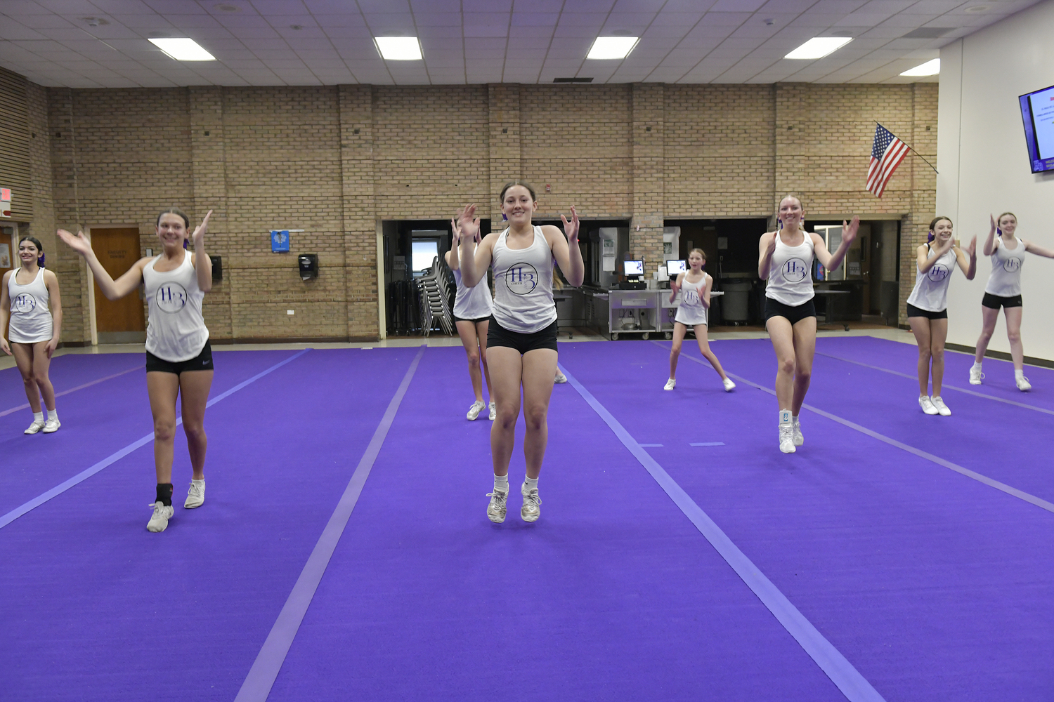 The Hampton Bays High School competitive cheerleading team at practice on February 9. For the first time since 2020, the team has advanced and qualified for the Suffolk County Championship on February 17.   DANA SHAW