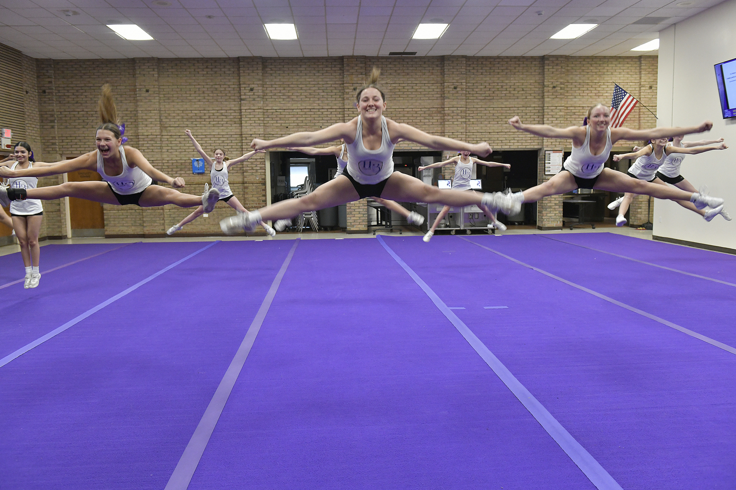 The Hampton Bays High School competitive cheerleading team at practice on February 9. For the first time since 2020, the team has advanced and qualified for the Suffolk County Championship on February 17.   DANA SHAW