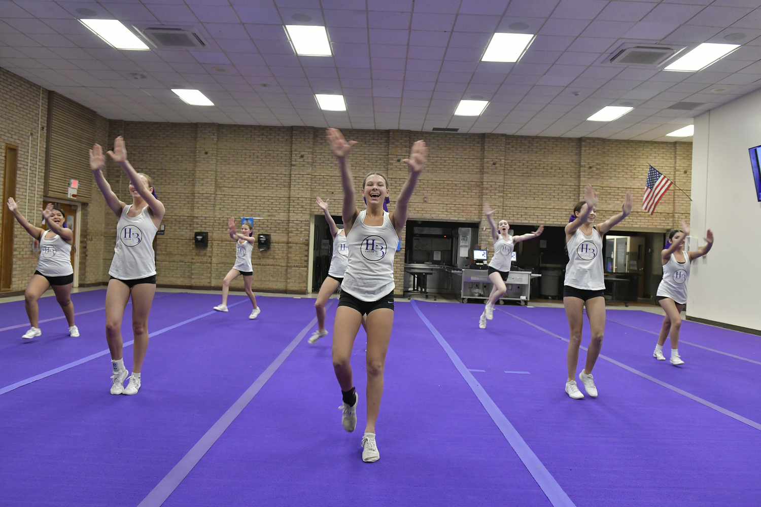 The Hampton Bays High School competitive cheerleading team at practice on February 9. For the first time since 2020, the team has advanced and qualified for the Suffolk County Championship on February 17.   DANA SHAW