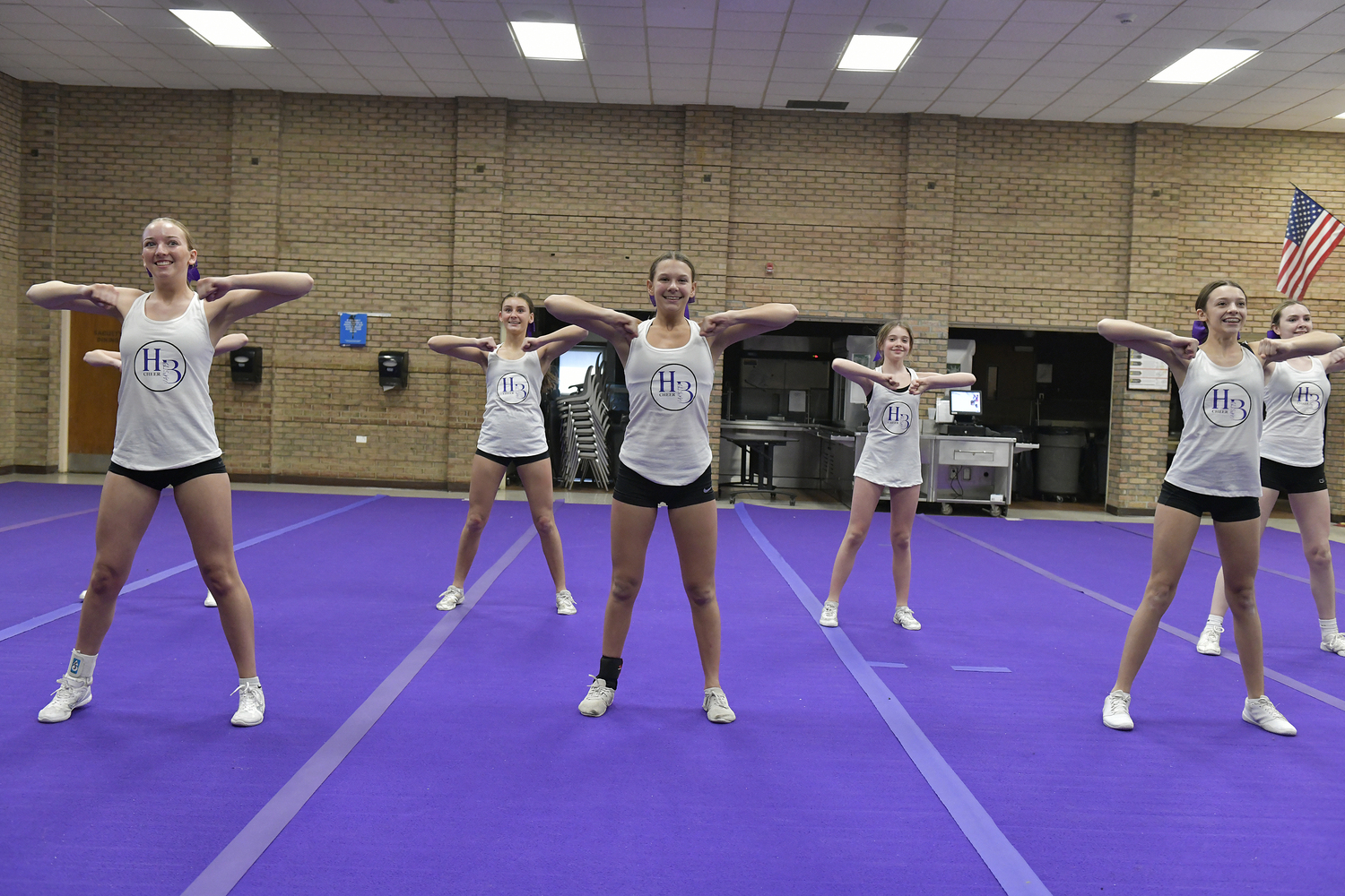 The Hampton Bays High School competitive cheerleading team at practice on February 9. For the first time since 2020, the team has advanced and qualified for the Suffolk County Championship on February 17.   DANA SHAW