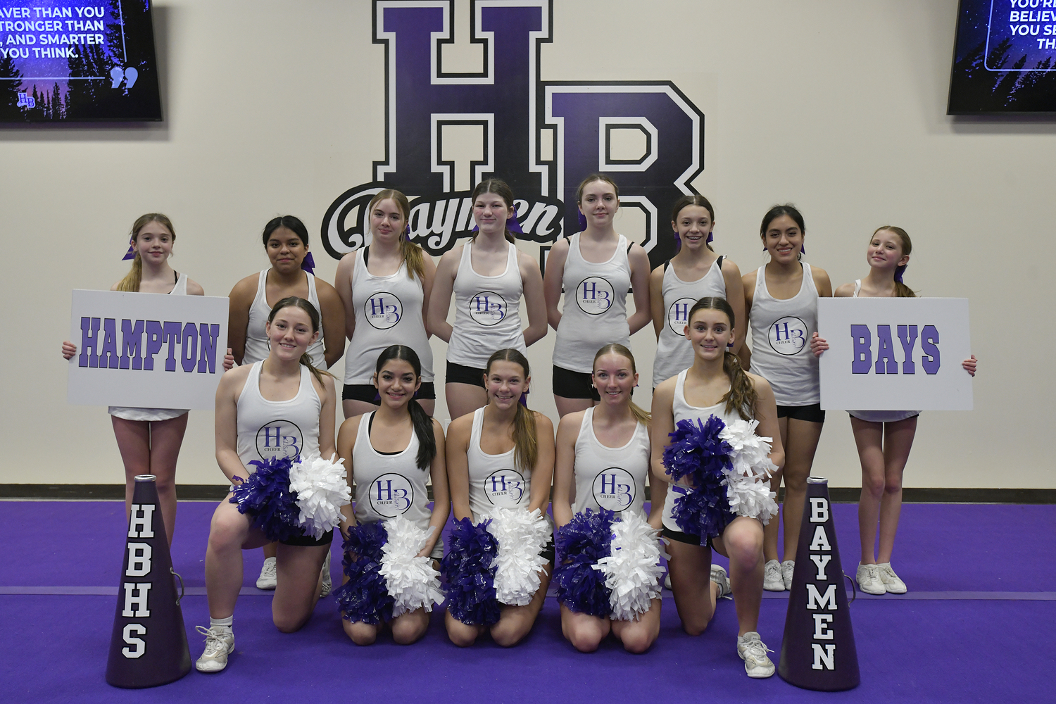 The Hampton Bays High School competitive cheerleading team at practice on February 9. For the first time since 2020, the team has advanced and qualified for the Suffolk County Championship on February 17.   DANA SHAW