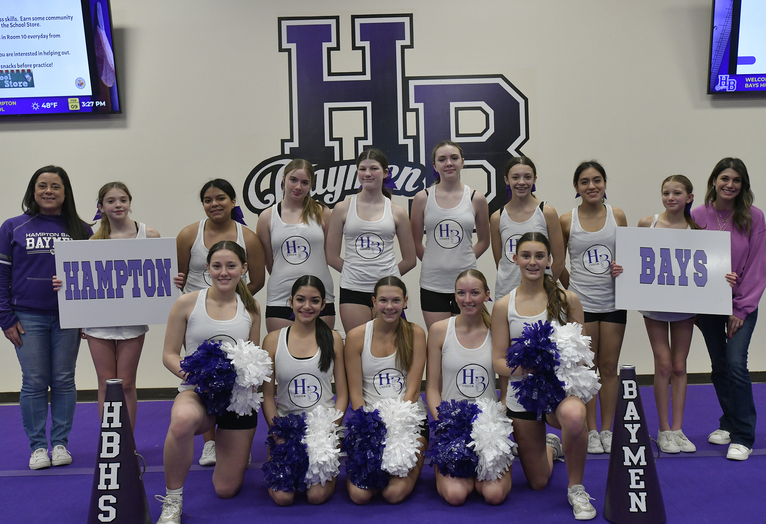 The Hampton Bays High School competitive cheerleading team at practice on February 9. For the first time since 2020, the team has advanced and qualified for the Suffolk County Championship on February 17.   DANA SHAW