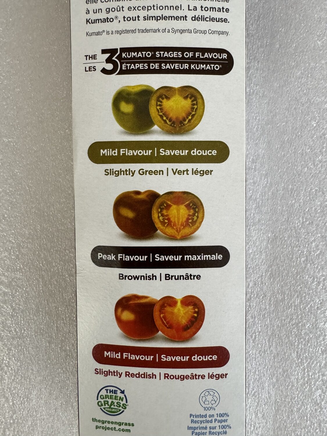 On the back of the box of larger Kumatos are these pictures depicting the various stages of ripeness of this tomato. All well and good but when you buy these at the market will they be mild/slightly green, peak and brownish or mild and slightly reddish?