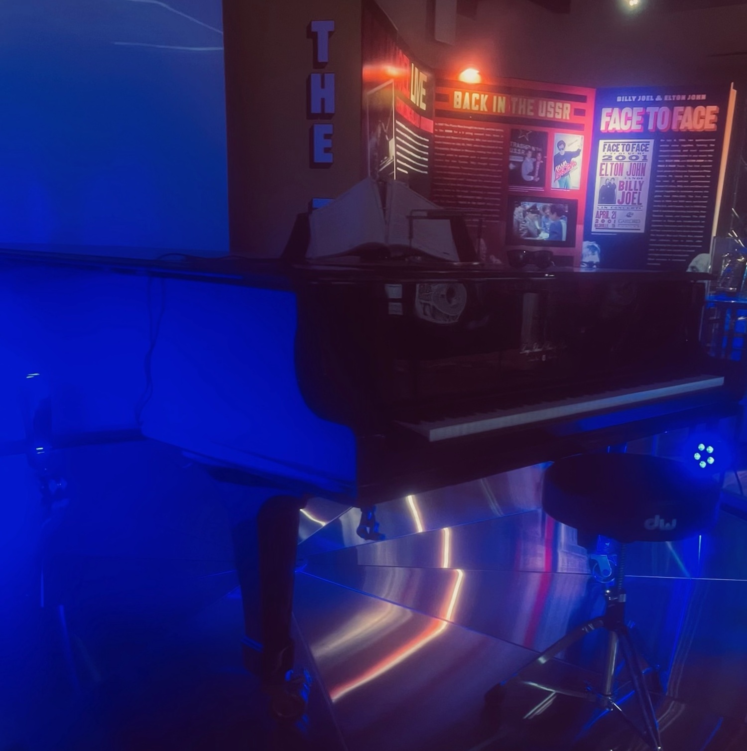 Billy Joel's piano from a concert he performed with Elton John is among the objects on view in the exhibition about his life and career at the Long Island Music & Entertainment Hall of Fame in Stony Brook. LEAH CHIAPPINO