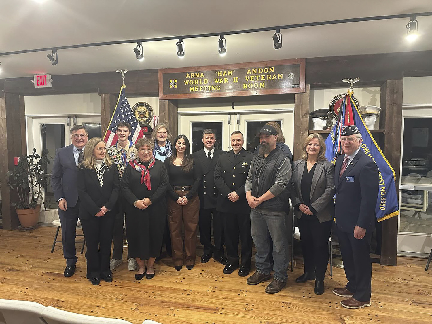 VFW Post 5350 recently honored Firefighter Brian Tuzil, Deputy Sheriff Corey Finn, Dispatcher Taylor Kern, Middle School Teacher Elizabeth Silva, Scout of the Year Trevor Hayes, EMT Lisa Fotopolous, Friend of the Post Charles Palumbo. on hand to help Post 5350 honor these fine men and women were Suffolk County Executive Edward Romaine, Southampton Town Supervisor Maria Moore, Suffolk County Legislator Ann Welker and Southampton Town Clerk Sundy Schermeyer.  Left to right are: Suffolk County Executive Edward Romaine;  Southampton Town Clerk  Schermeyer; Trevor Hayes, Scout of the Year; Elizabeth Silva, Middle School Teacher of the Year;  Ann Welker, Suffolk County Legislator; Taylor Kern, Southampton Town Police Dispatcher; Brian Tuzil, Hampton Bays Volunteer Firefighter; Corey Finn, Suffolk Co. Deputy Sheriff;  Lisa Fotopolous, EMT Hampton Bays Volunteer Ambulance; Charles Palumbo, Alfred and Lucille Bronson Foundation; Maria Moore, Southampton Town Supervisor; 
and William Hughes, Commander VFW Post 5350. COURTESY WILLIAM HUGHES