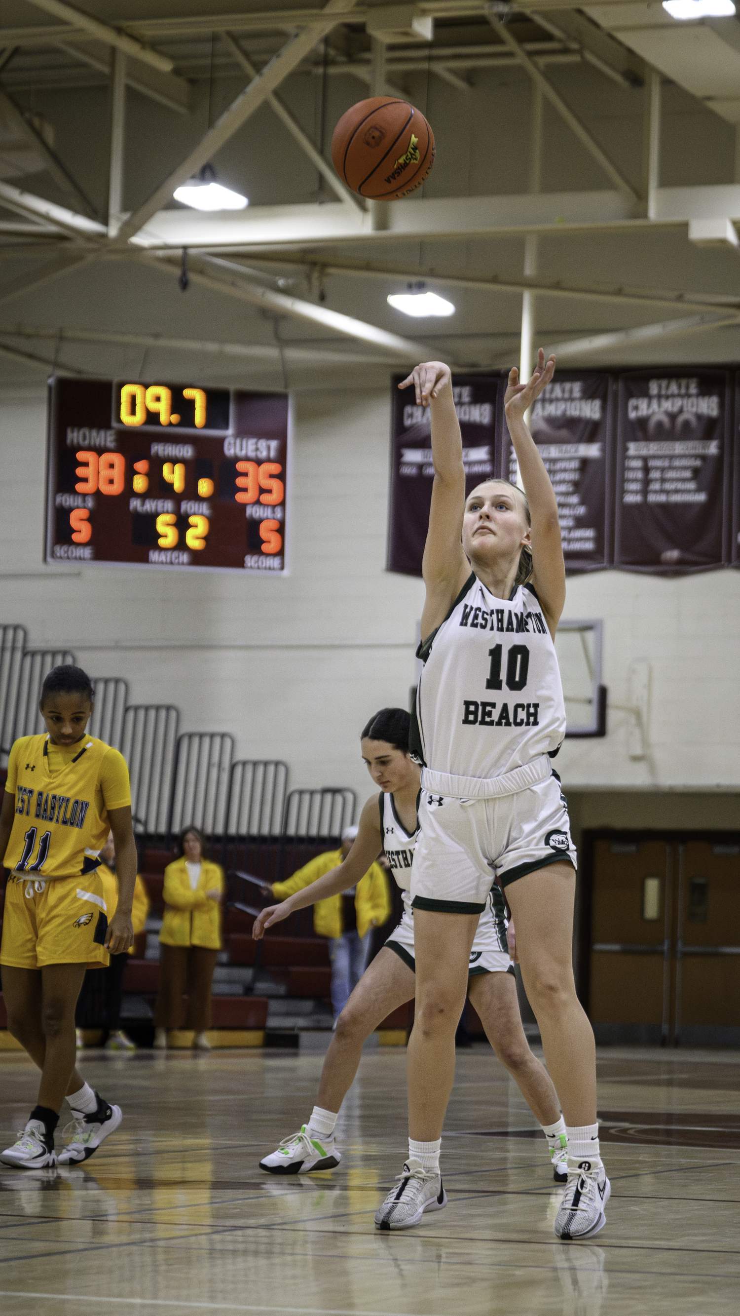 Westhampton Beach junior guard Shannon Sweet shoots the game-winning free throw with 9.7 seconds left to play. MARIANNE BARNNETT