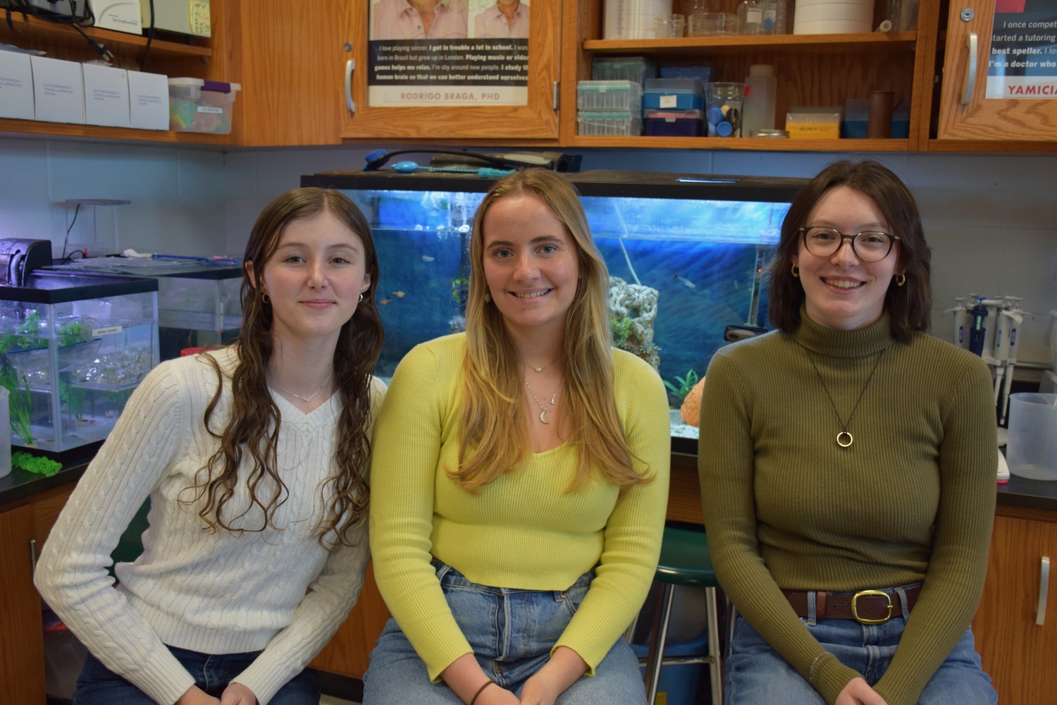 Three Westhampton Beach High School students, from left, Grace Orr, Meghan Kelly and Kate Pomroy, have advanced to the semifinals of the Junior Sciences and Humanities Symposium. COURTESY WESTHAMPTON BEACH SCHOOL DISTRICT