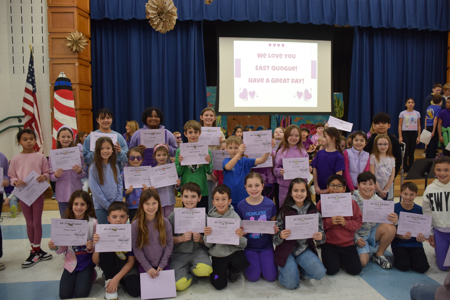 During East Quogue Elementary School’s recent monthly morning meeting students received special awards. COURTESY EAST QUOGUE SCHOOL DISTRICT