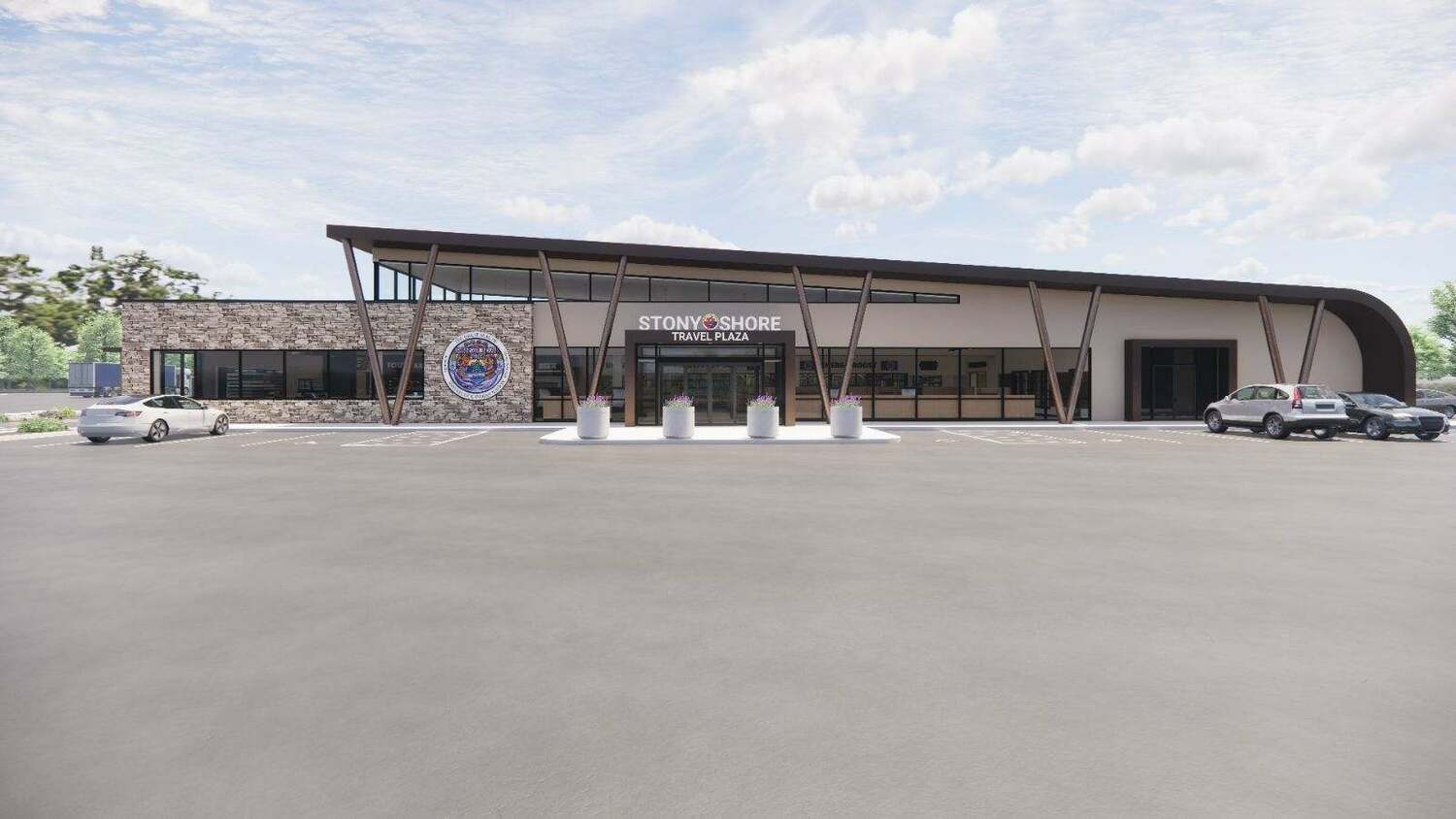 Initial renderings of the planned gas station and travel plaza that will be constructed on 10 acres of land owned by the Shinnecock Nation in Hampton Bays. COURTESY EASTERN WOODLAND PETROLEUM