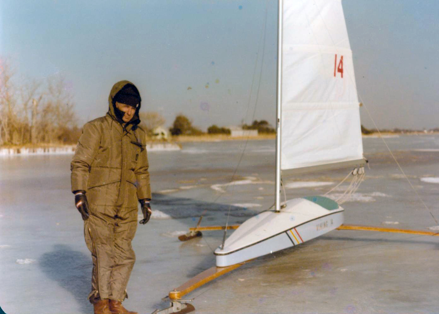 Harvey Morris with his new ice boat on Mecox Bay in the winter of 1977.