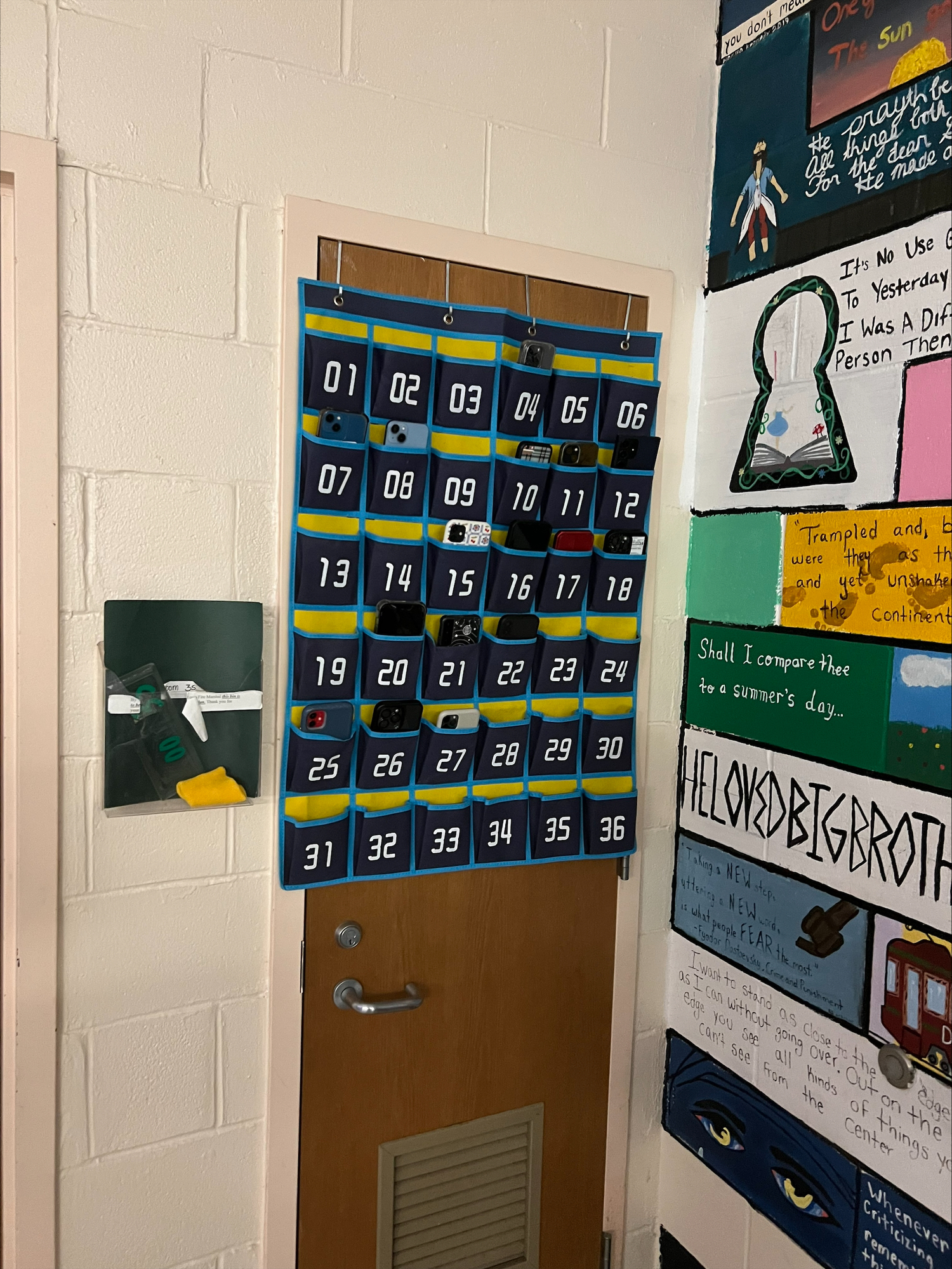 Many teachers in the Hampton Bays school district require their students to place their phones in cubbies in a wall unit at the front of the classroom to ensure the phones are not a distraction to students while class is in session. COURTESY HAMPTON BAYS SCHOOLS