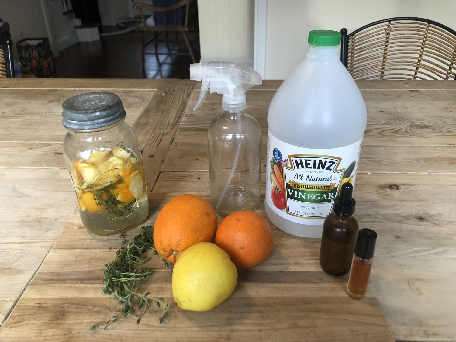 An all-purpose citrus scented cleaner is really easy to make. Combine vinegar, orange peels and a few drops of clove oil. I added thyme which has antibacterial qualities. Mix and match your favorite essential oil scents. JENNY NOBLE