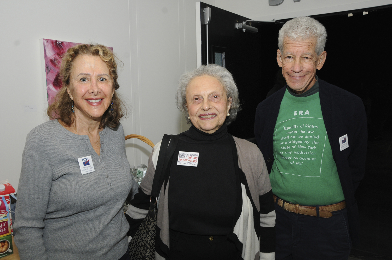 Merry Frons, Arlene Hinkemeyer and Bill Packard at the League of Women Voters of the Hamptons, Shelter Island and The North Fork education event in honor of  Women’s History Month at LTV Studios. The purpose of the afternoon was to raise awareness about 