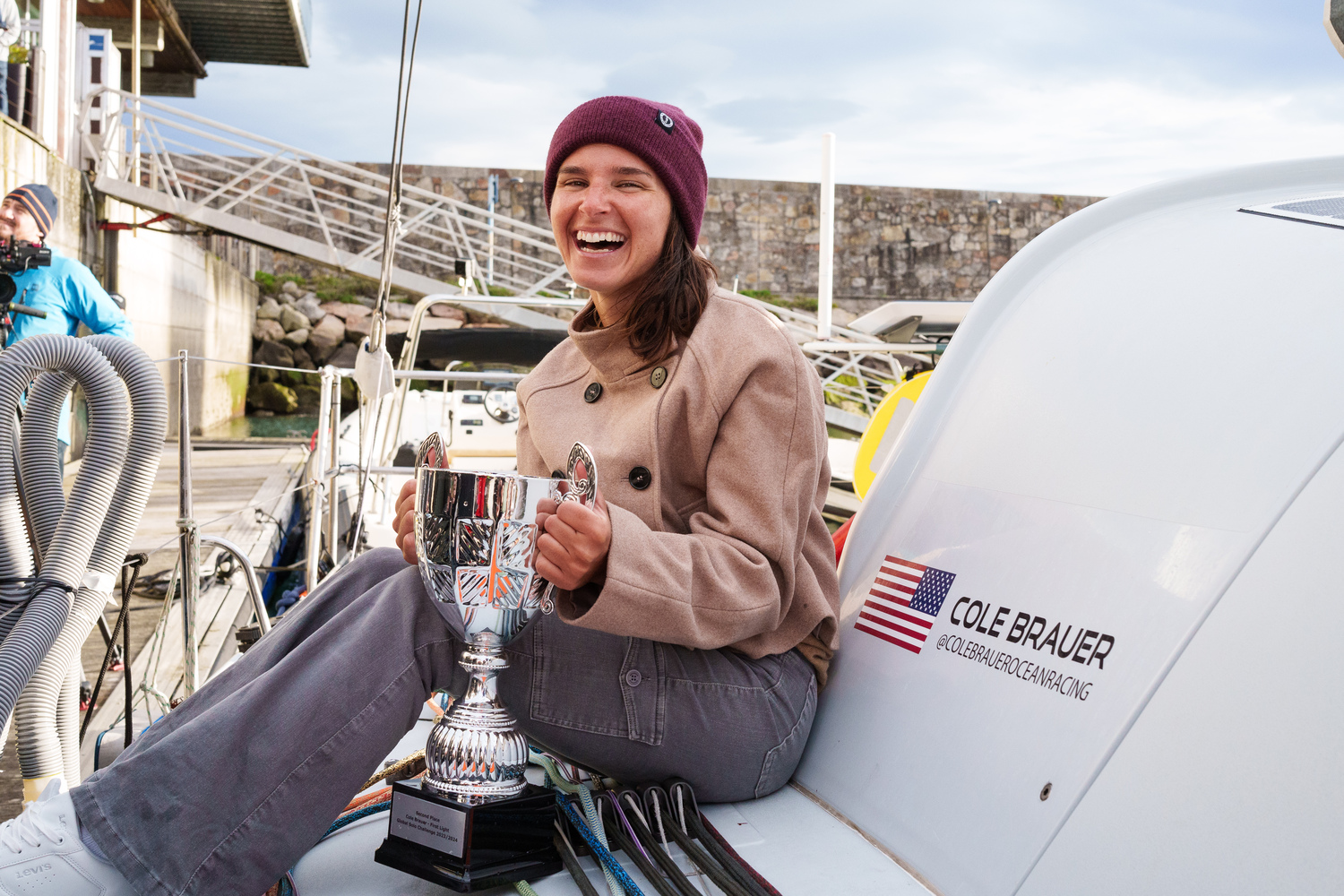 Cole Brauer with her silver trophy for finishing second in the Global Solo Challenge. ALVARO SANCHIS