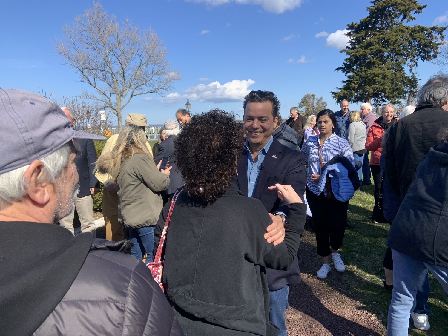 Democratic congressional candidate John Avlon greets well wishers after kicking off his campaign in Sag Harbor on Saturday. STEPHEN J. KOTZ