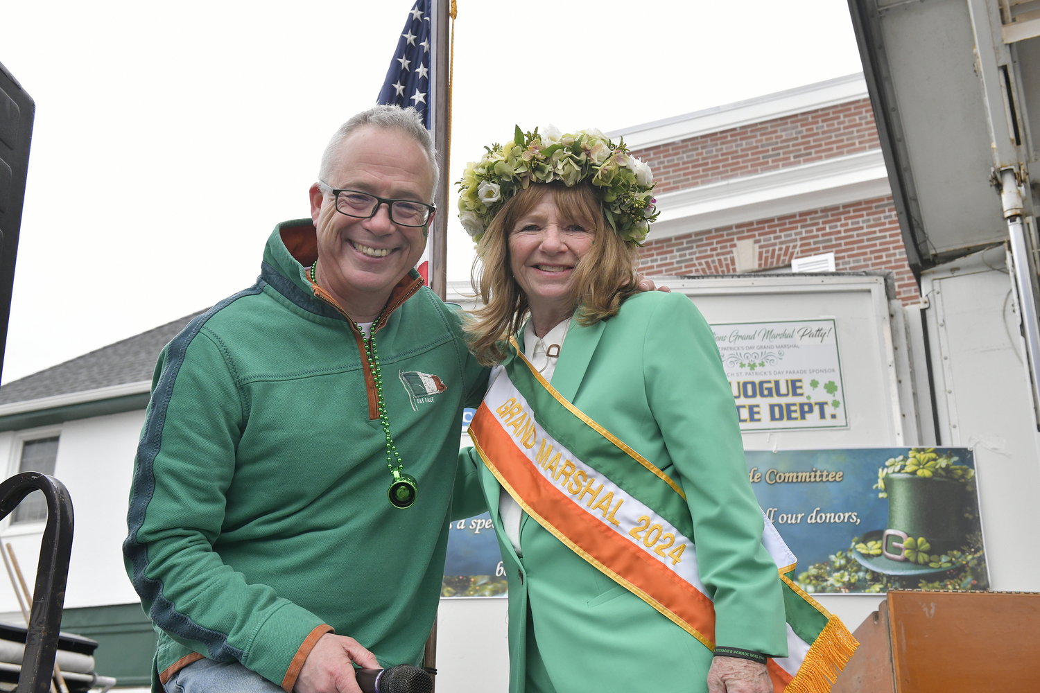 Westhampton Beach St. Patrick's Day Parade Committee President Tim Laube with Grand Marshal Patty Ziparo-Dalton.