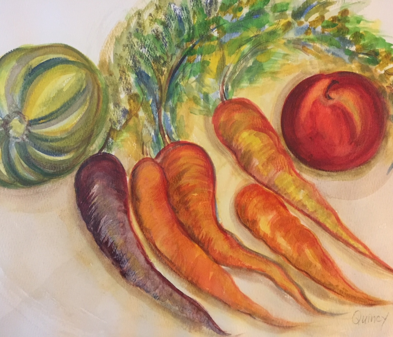 Watercolorist Quincy Egginton is displaying local landscapes and still lifes of local produce now through June at the Milk Pail Fresh Market in Water Mill. QUINCY EGGINTON