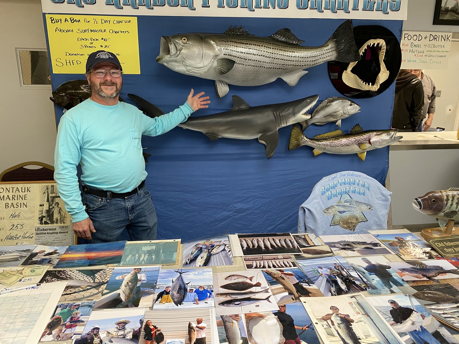 Charter boat captain Tom Federico at Saturday’s fishing flea market, sponsored by the Sag Harbor Fire Department Dive Team.   COURTESY SUE DANIELS