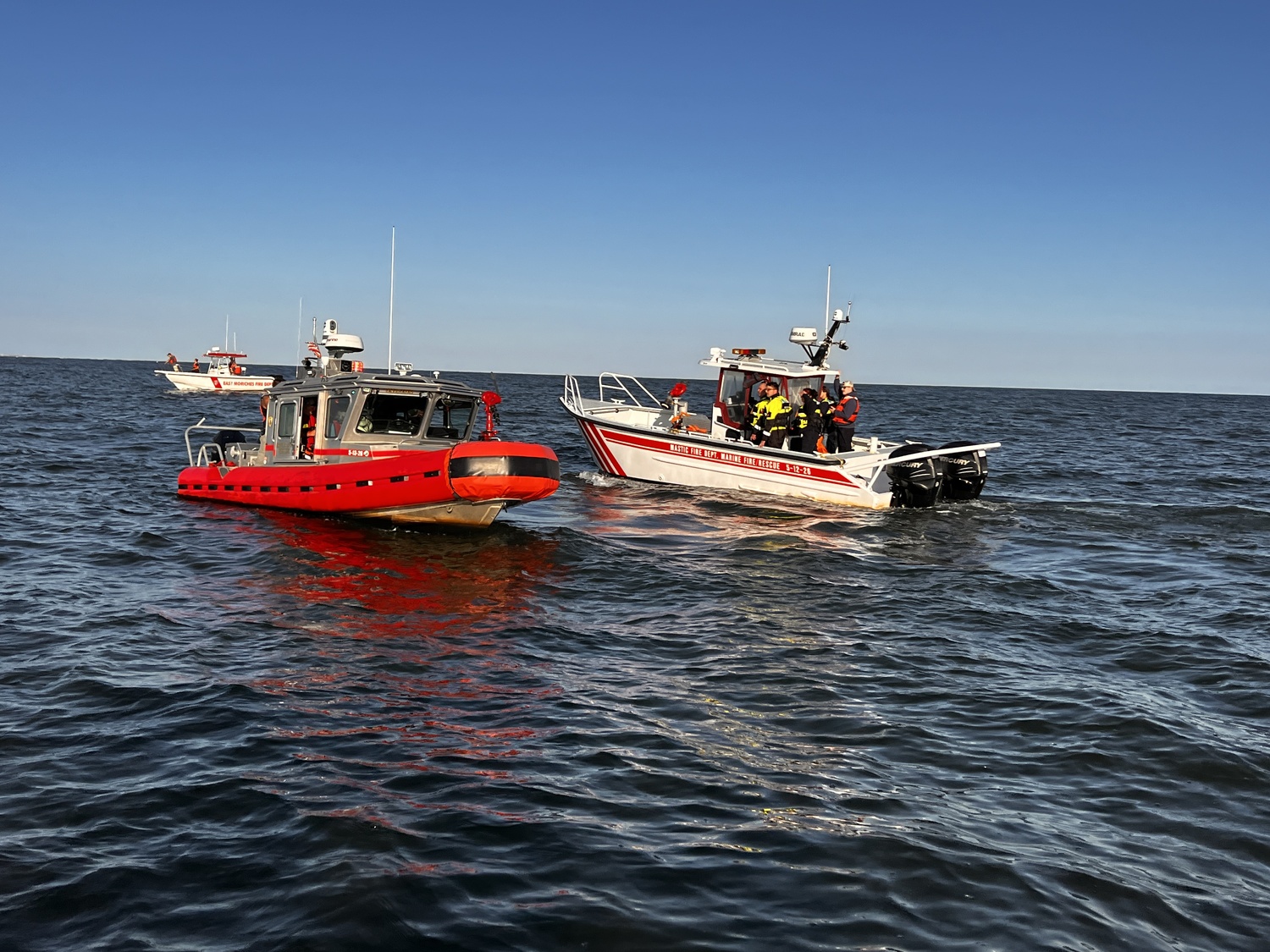 Six local fire departments formed a coordinated marine rescue team to respond to emergencies on and around Moriches Bay to fill the gap left by the loss of US Coast Guard crews in the bay due to staffing shortages.