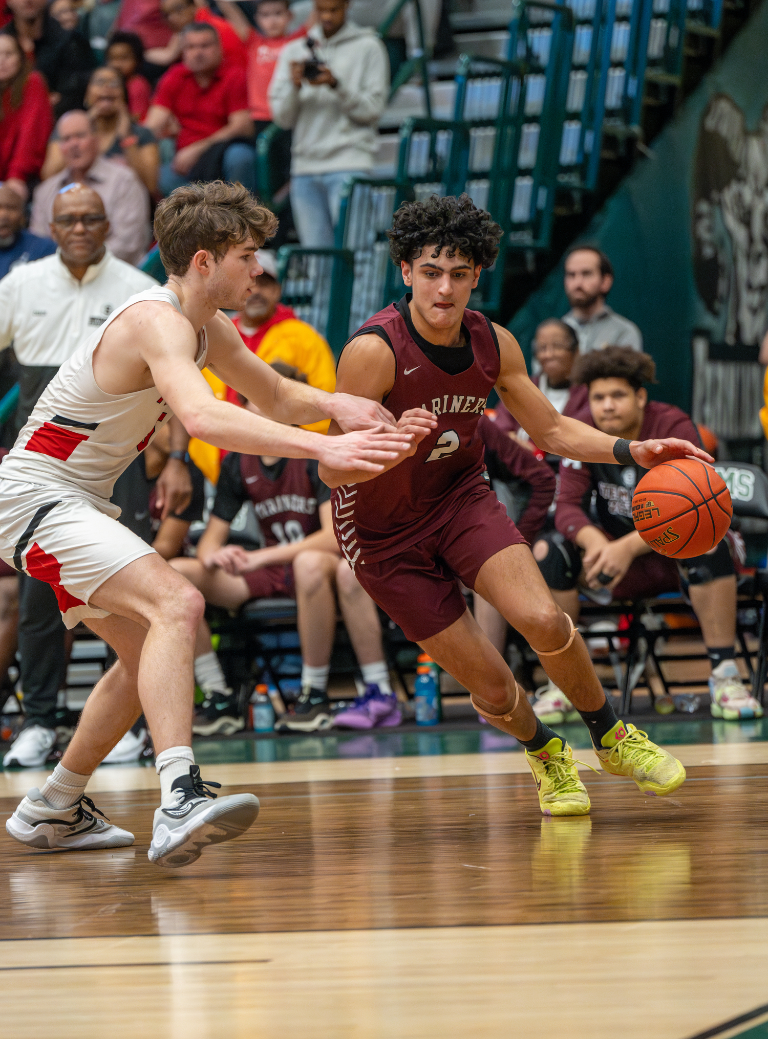 Southampton sophomore Alex Franklin drives on Friends Academy senior Jackson O'Brien.   RON ESPOSITO
