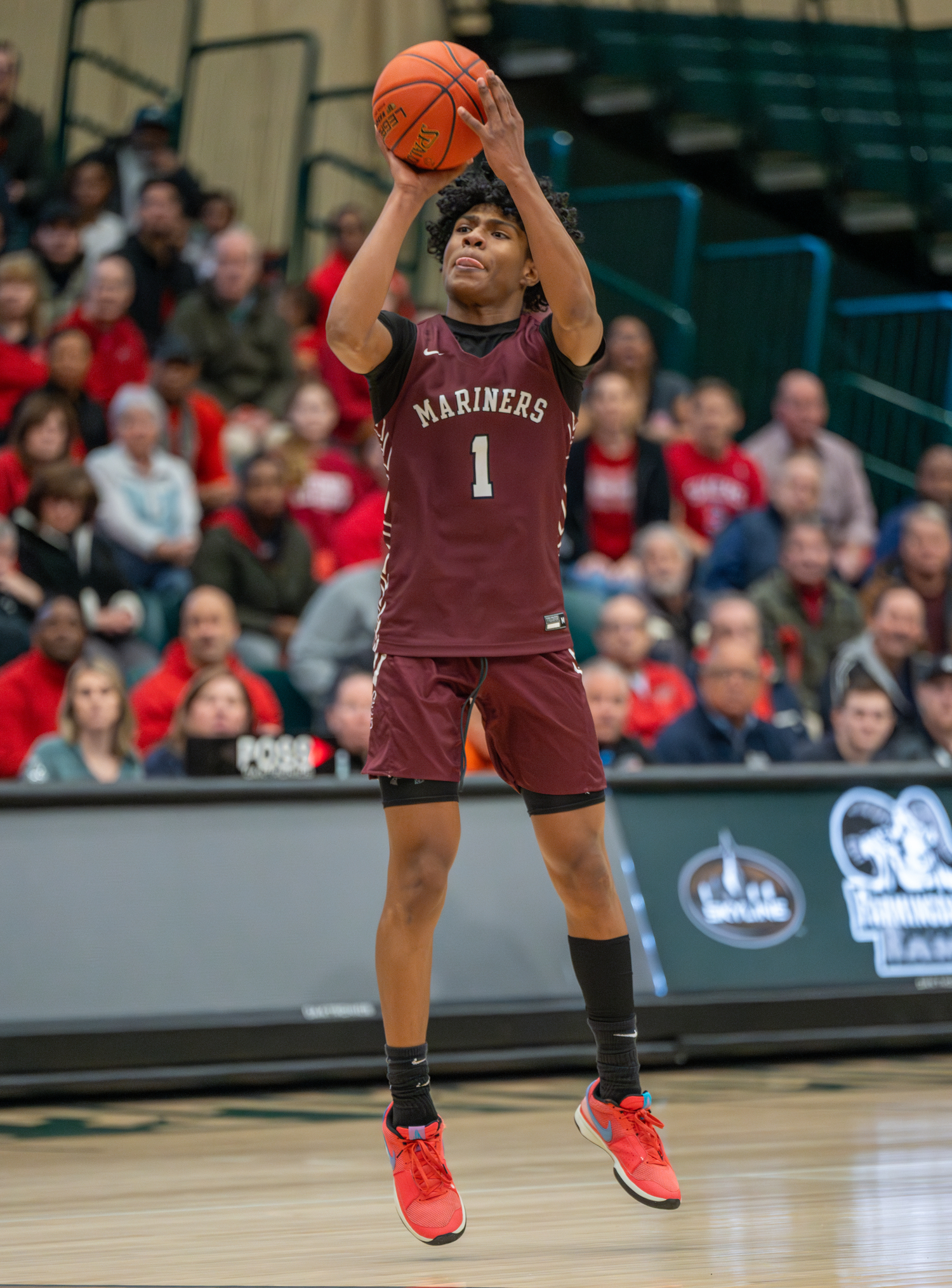 Southampton senior Dominick White spots up a three-pointer early on in Saturday's Class B Long Island Championship.   RON ESPOSITO