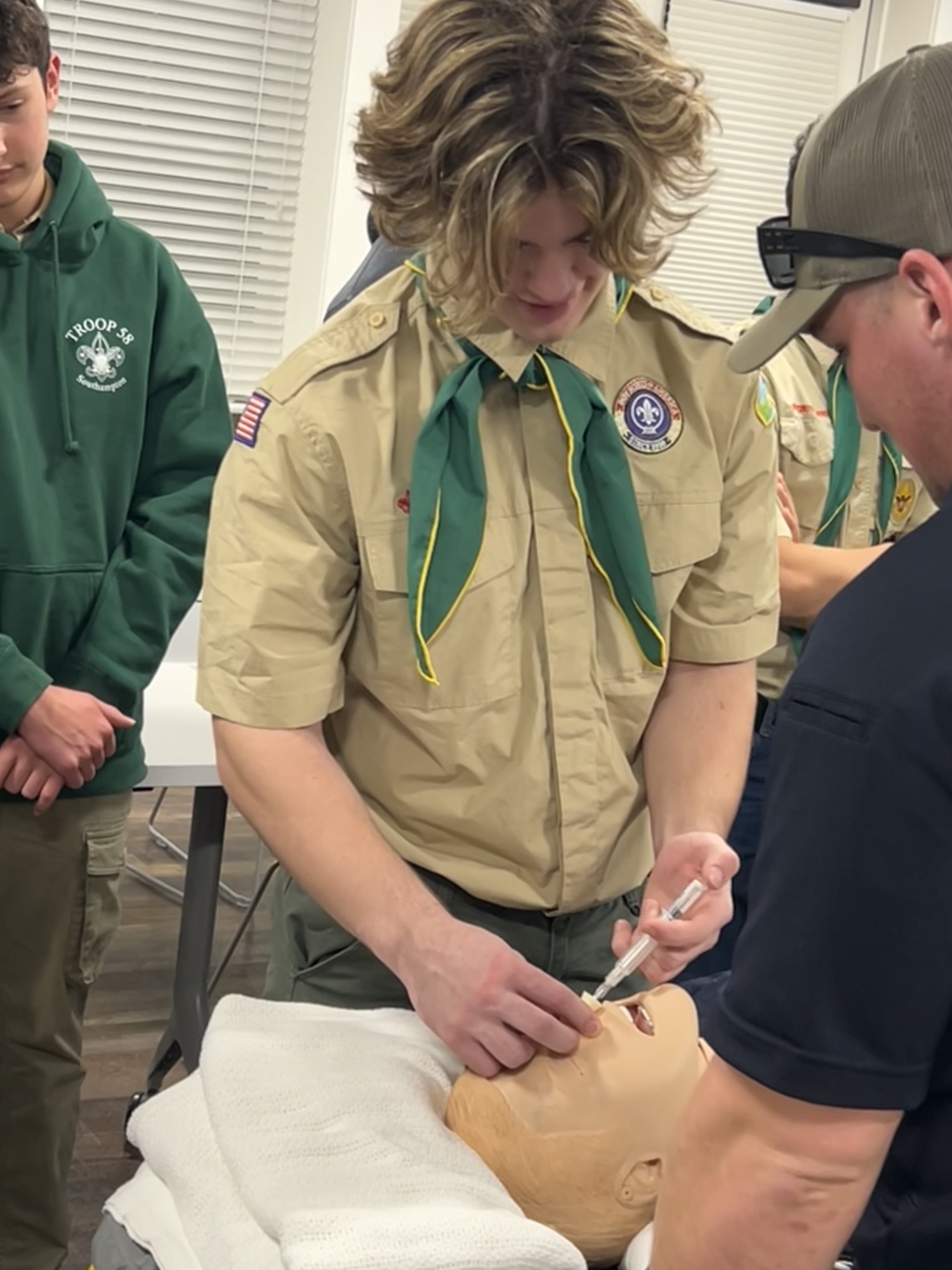 Scouts from Troop 58 in Southampton learned about the dangers of drugs and how to save a life using Narcan from Southampton Village Ambulance Chief Kyle McGuinness during a recent  visit to Southampton Village Volunteer Ambulance headquarters. COURTESY TROOP 58
