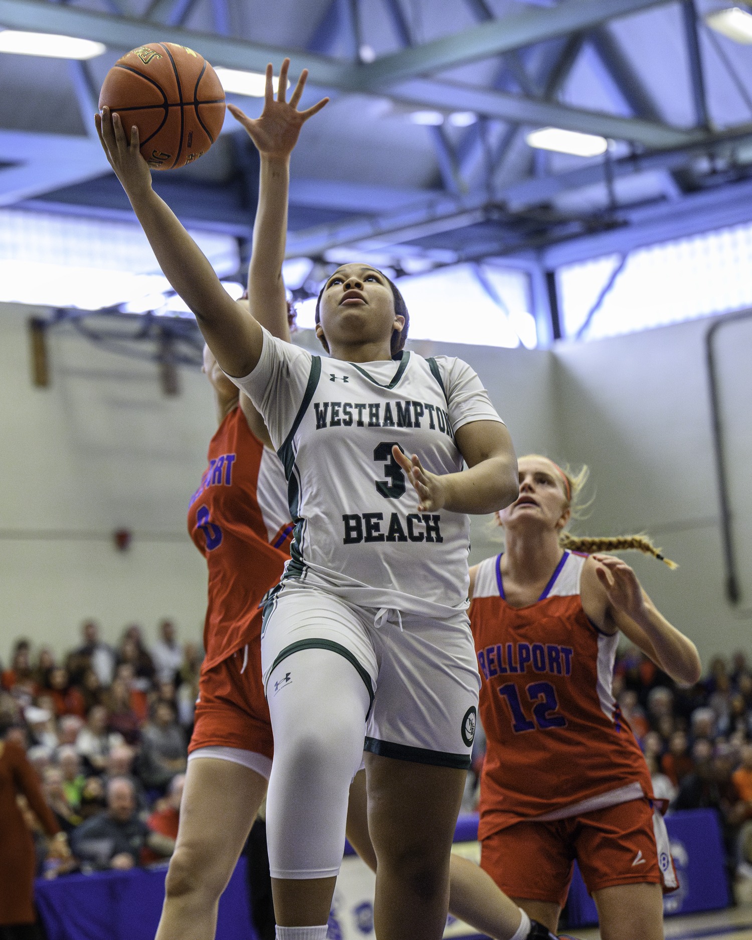 Westhampton Beach sophomore point guard Sandra Clarke recorded a double-double on 19 points and 12 rebounds and secured seven steals. MARIANNE BARNETT