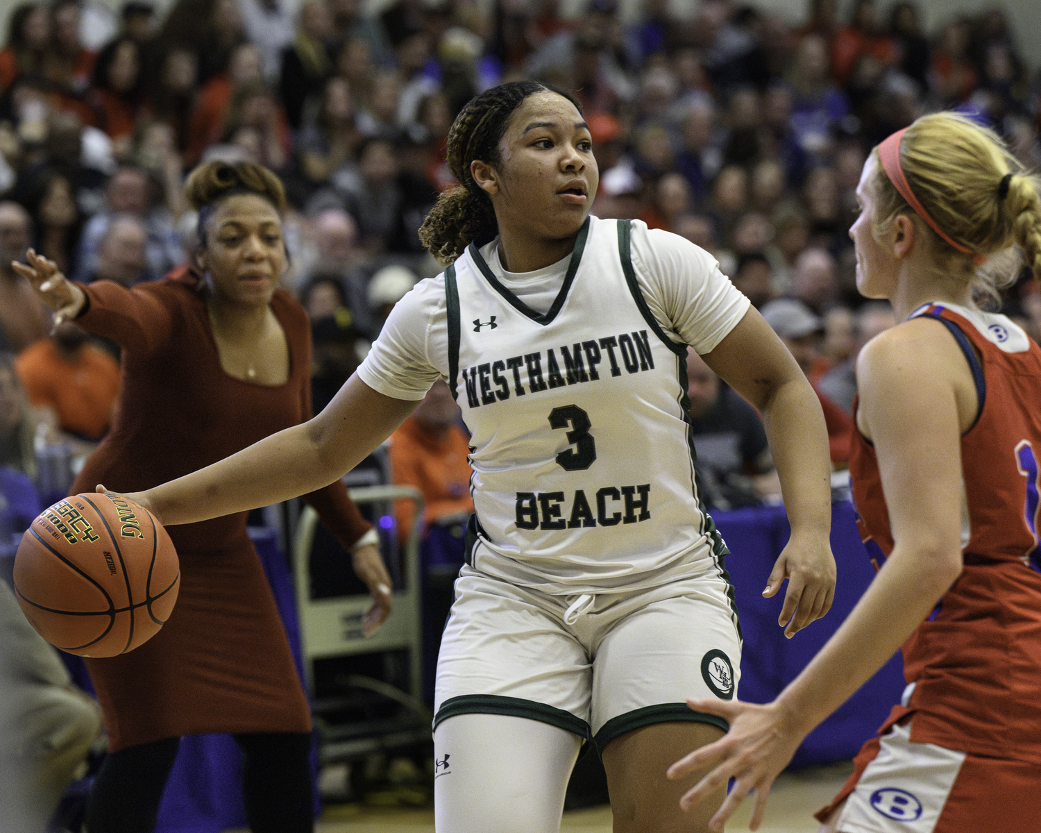 Westhampton Beach sophomore point guard Sandra Clarke recorded a double-double on 19 points and 12 rebounds and secured seven steals. MARIANNE BARNETT