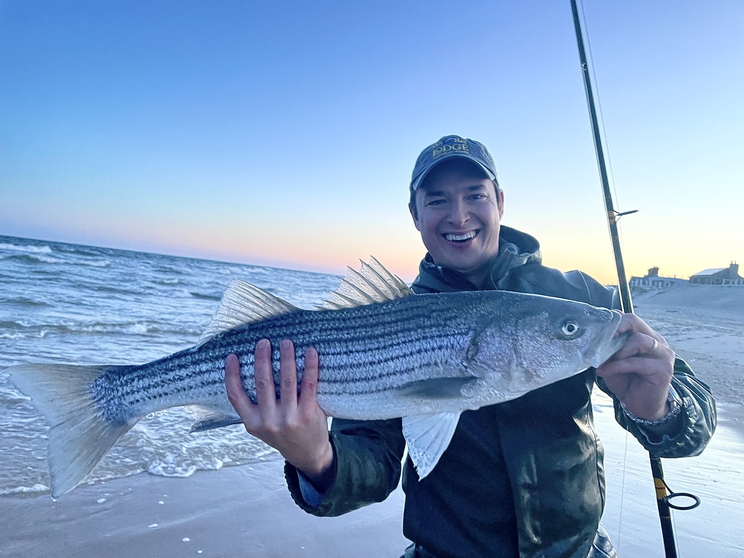 After some outfitting and advice from Ken at Tight Lines Tackle in Southampton Village, Derek de Svastich went out and beached his first ever striped bass caught from the surf on Friday evening.