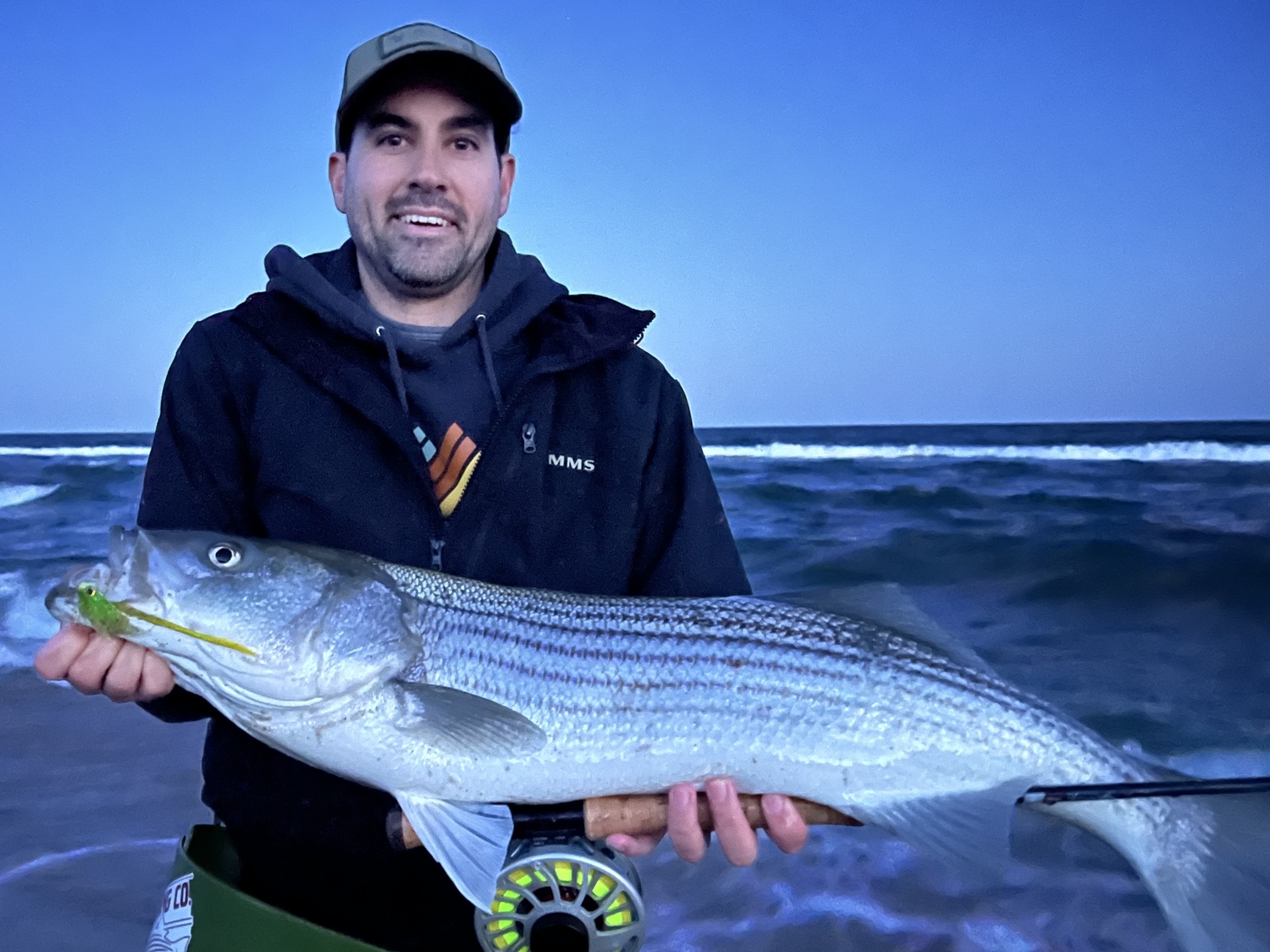 The striped bass fishing on the ocean beaches was so easy at times this past week that Stephen Lobosco broke out his Rise Fishing Co. (a Sag Harbor company) fly rod and beached a few the hard way. ADAM FLAX