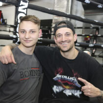 Oleksandr Bodnariuk and his trainer Justin Mattera at Hill Street Boxing in Riverhead.  RiverheadLOCAL/ Denise Civiletti