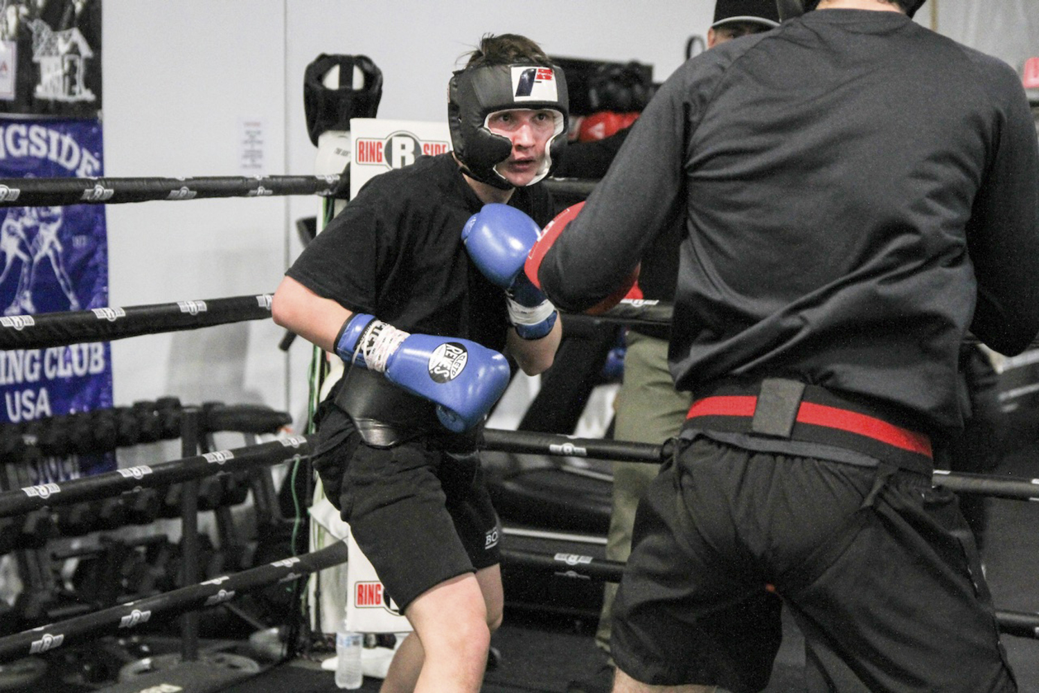 Olesksandr Bodnuriak sparring at the Hill Street Boxing gym on April 6.      RiverheadLOCAL/ Emil Breitenbach Jr.