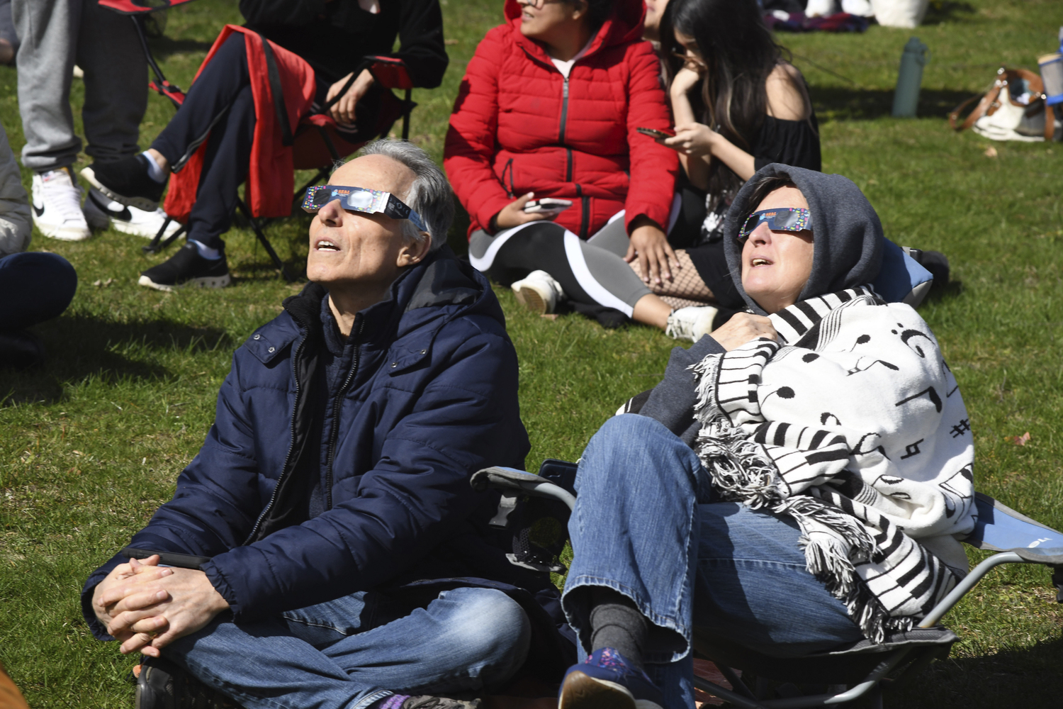 Visitors to the East Hampton Library view the eclipse on Monday afternoon.