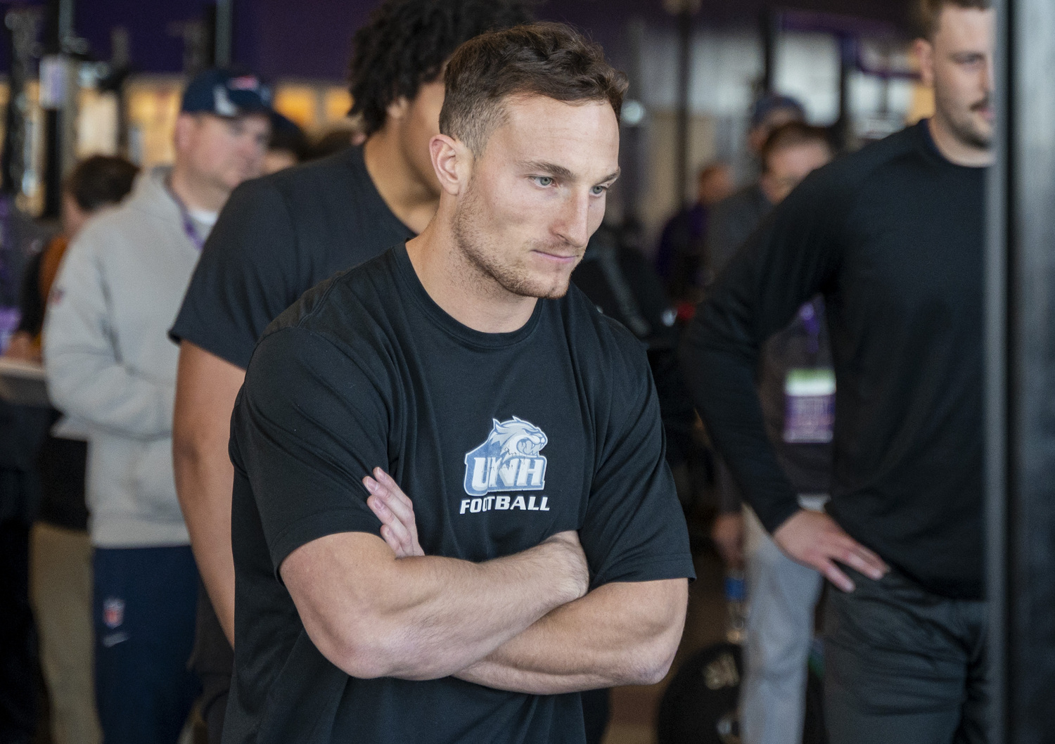 Westhampton Beach and soon-to-be University of New Hampshire graduate Dylan Laube during College of the Holy Cross's annual NFL Pro Day March 21. UNH Athletics/Patrick Donnelly