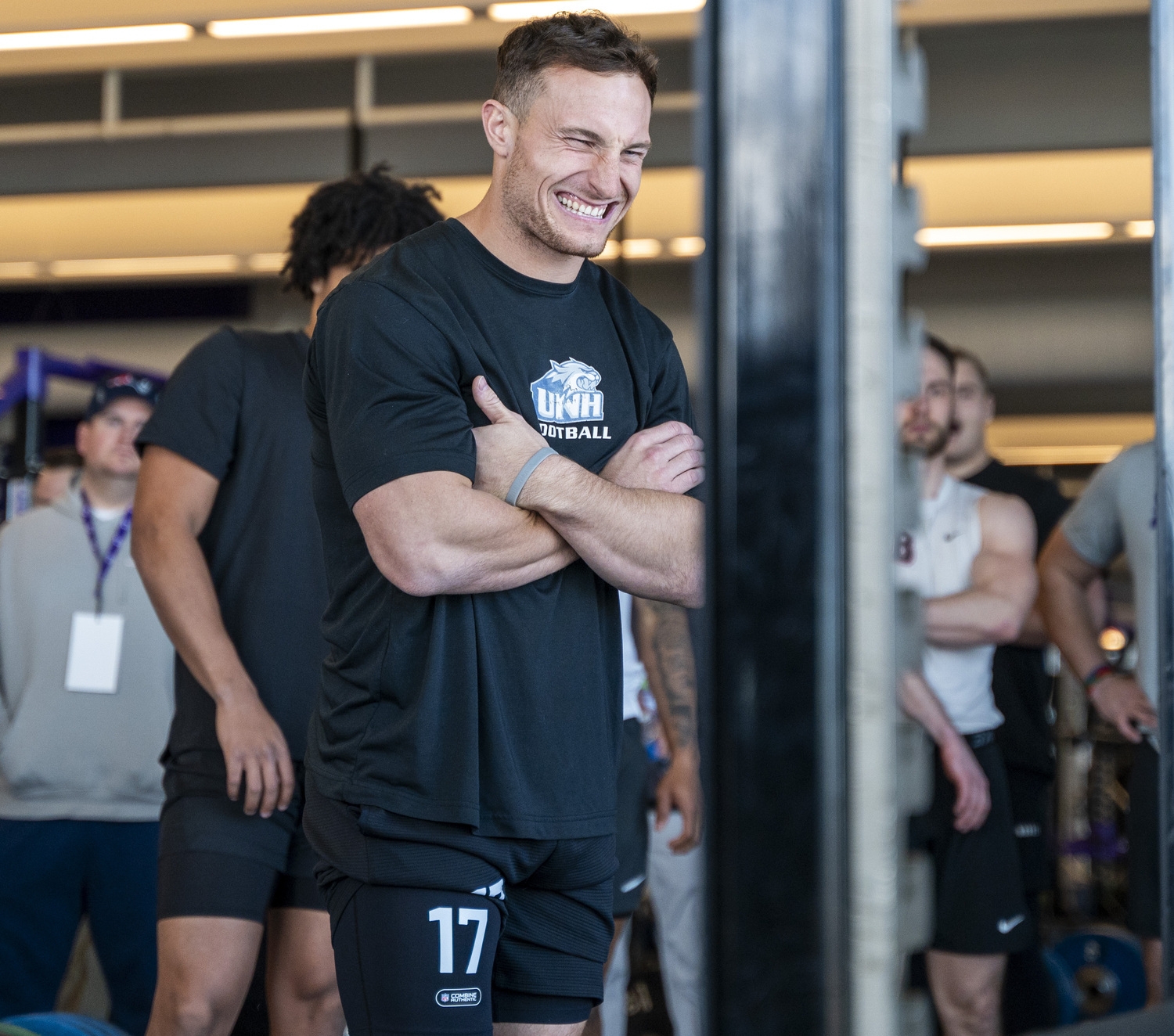 Westhampton Beach and soon-to-be University of New Hampshire graduate Dylan Laube during College of the Holy Cross's annual NFL Pro Day March 21. UNH Athletics/Patrick Donnelly
