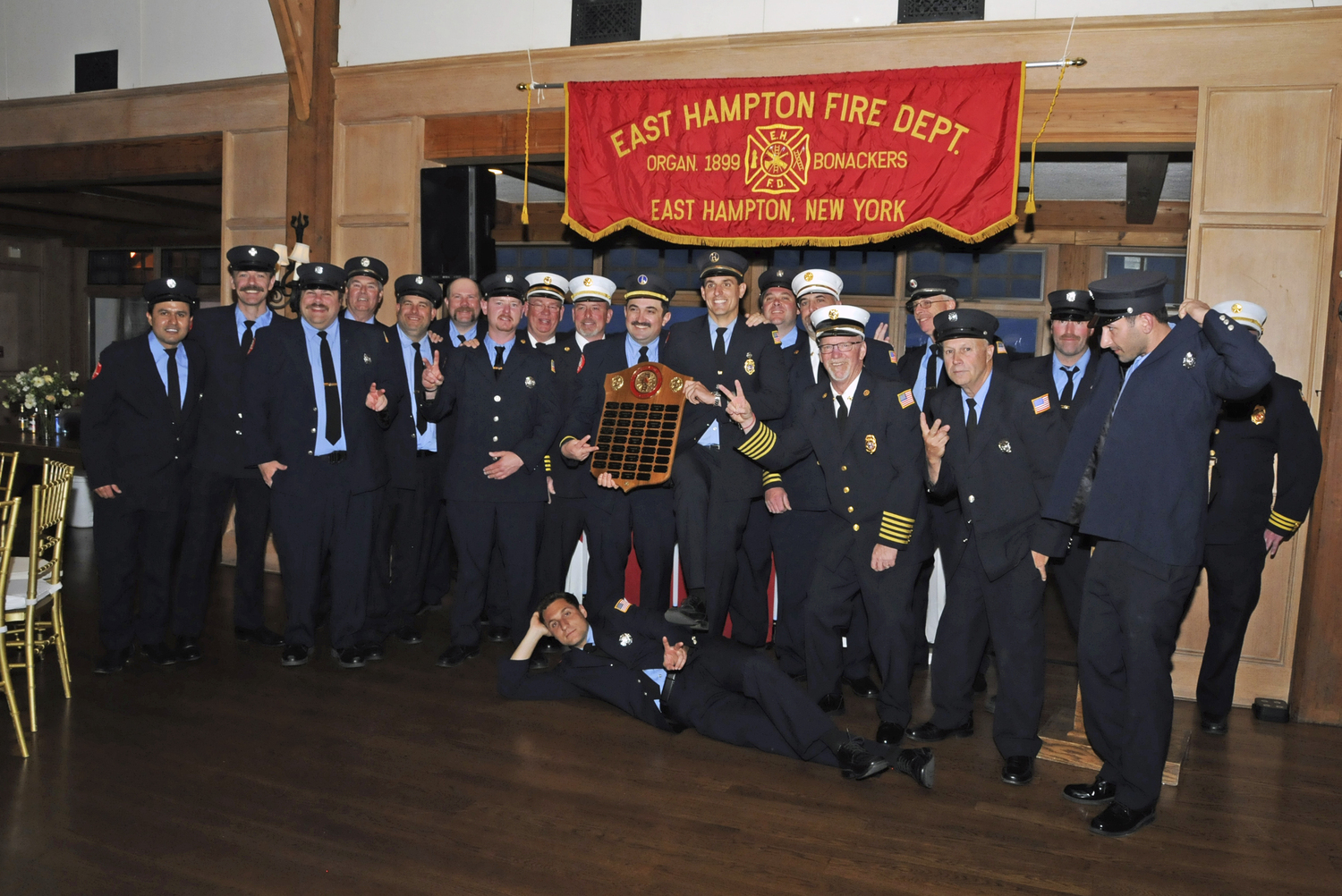 Members of  Company No. 2, (Engine Company) with the Company of the Year Award for 2023 at the East Hampton Fire Department's 125th Annual Inspection Dinner at the Maidstone Club on Saturday.  RICHARD LEWIN
