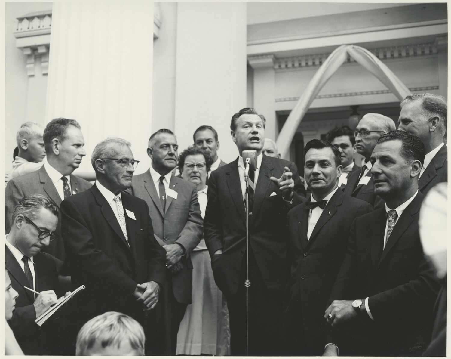 Governor Nelson Rockefeller speaking at the entrance to the Sag Harbor Whaling and Historical Museum during a visit on July 18, 1962. COURTESY JOHN JERMAIN MEMORIAL LIBRARY