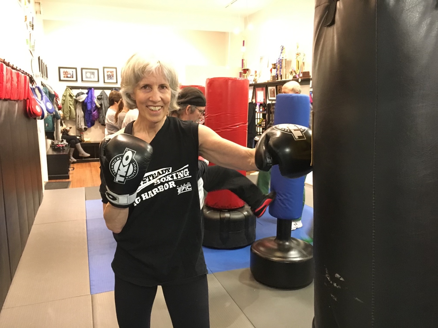 Jean Mellano attends a Rock Steady Boxing class at Epic Martial Arts in Sag Harbor. COURTESY MICHELLE DEL GIORNO