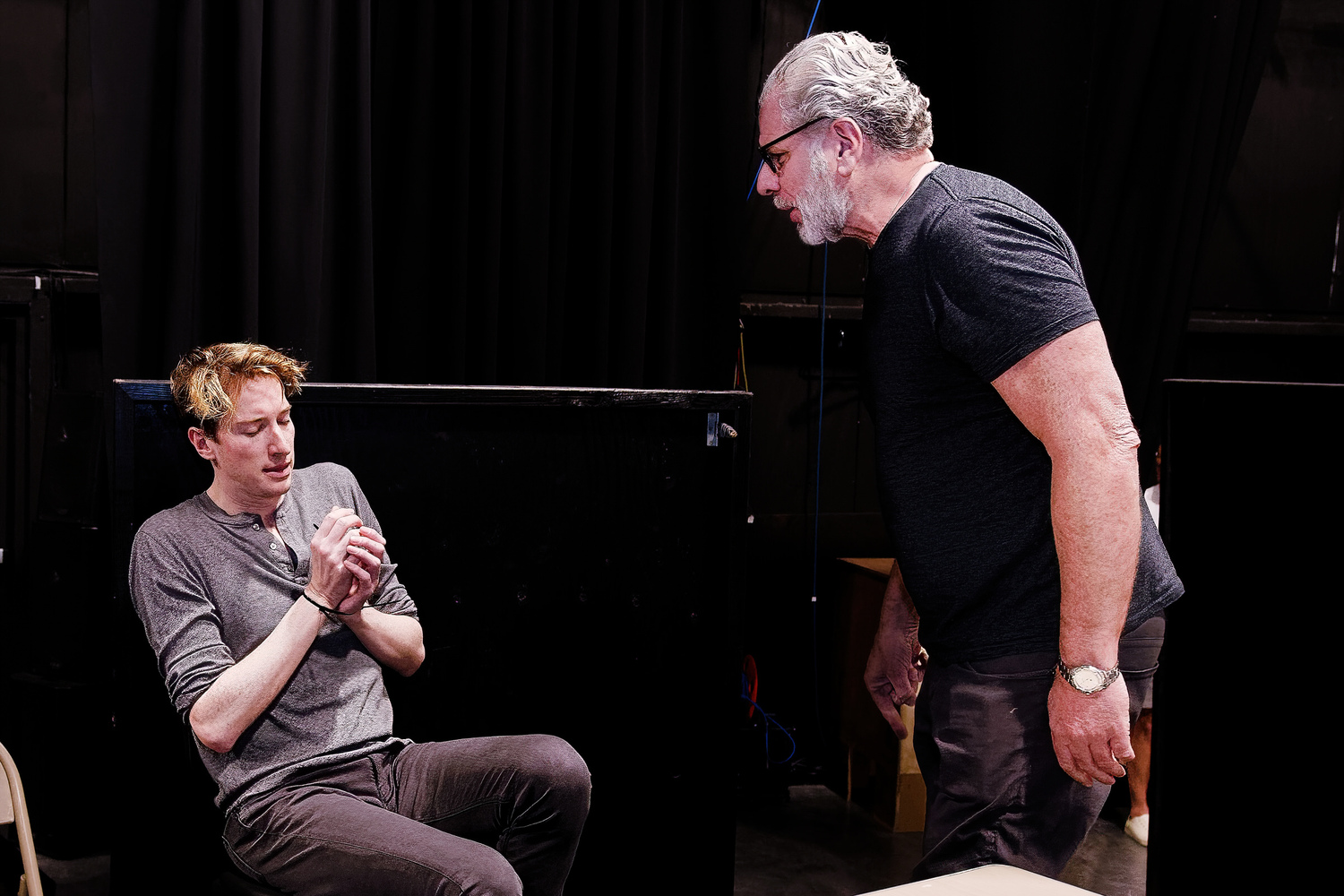 John Kroft (as Katurian), and Edward Kassar (as Tupolski) during rehearsals of Martin McDonagh's 
