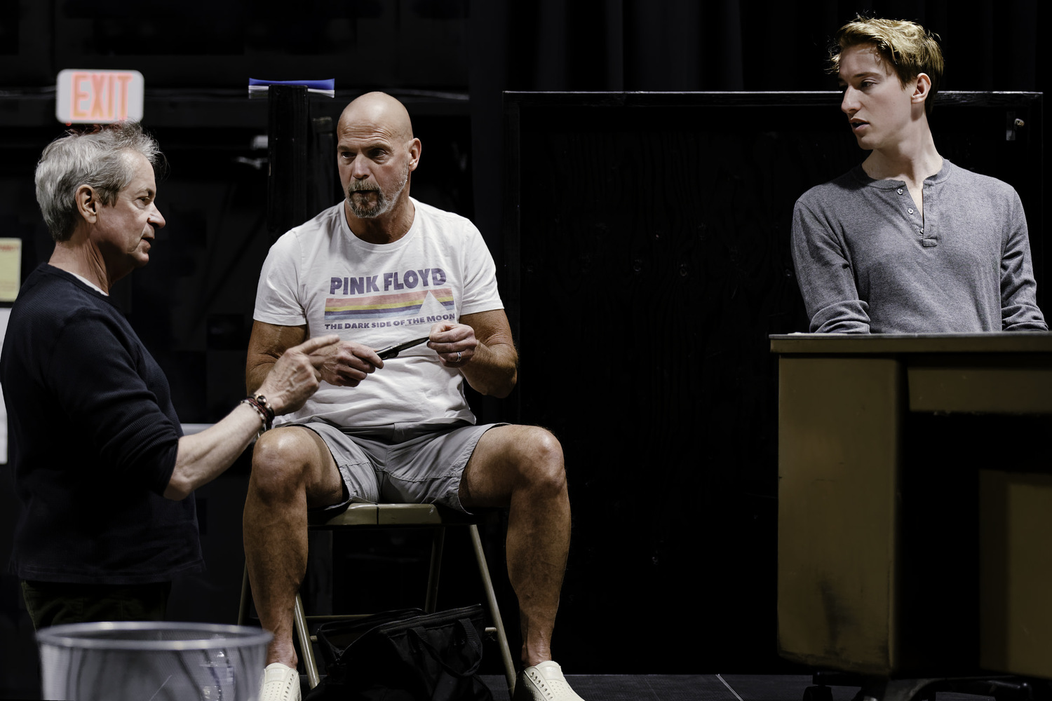 Stephen Hamilton directs Joe Pallister (as Ariel), and John Kroft (as Katurian) during rehearsals of Martin McDonagh's 