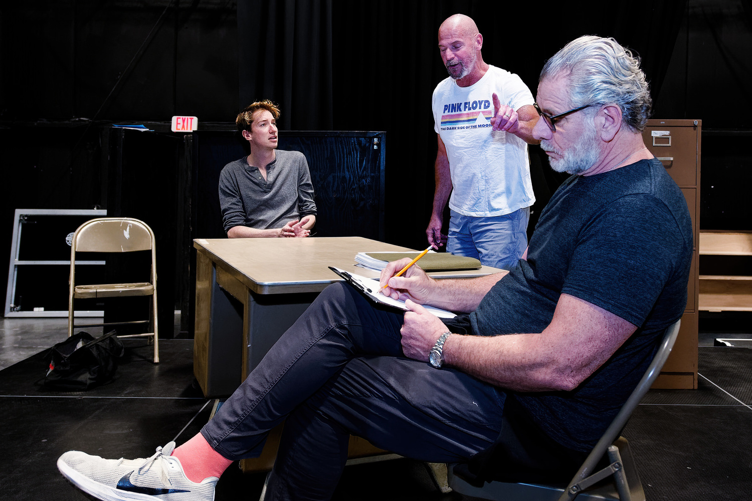 John Kroft (as Katurian), Joe Pallister (as Ariel) and, in foreground, Edward Kassar (as Tupolski) rehearsing Martin McDonagh's 