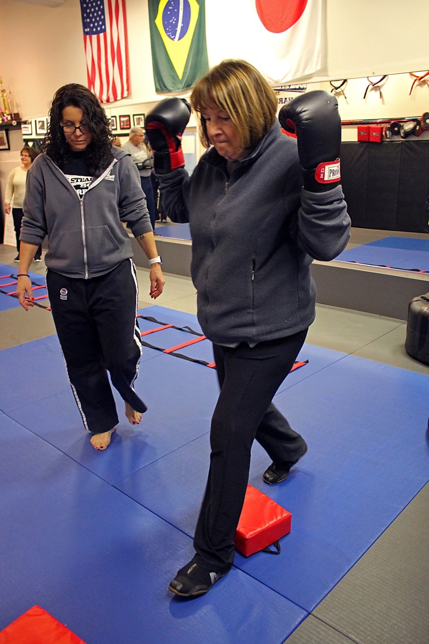 Michelle Del Giorno works with Pamela Turk during a Rock Steady Boxing class at Epic Martial Arts in Sag Harbor. COURTESY MICHELLE DEL GIORNO