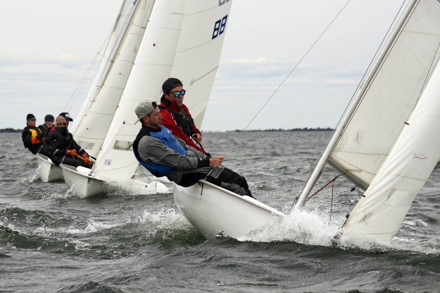 Beating to weather; can you spot Joan’s colorful cap in the middle of the fleet?   MICHAEL MELLA