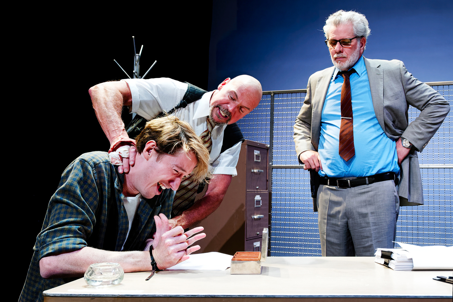 John Kroft as Katurian, Joe Pallister as Ariel and Edward Kassar as Tupolski in Martin McDonagh's play 