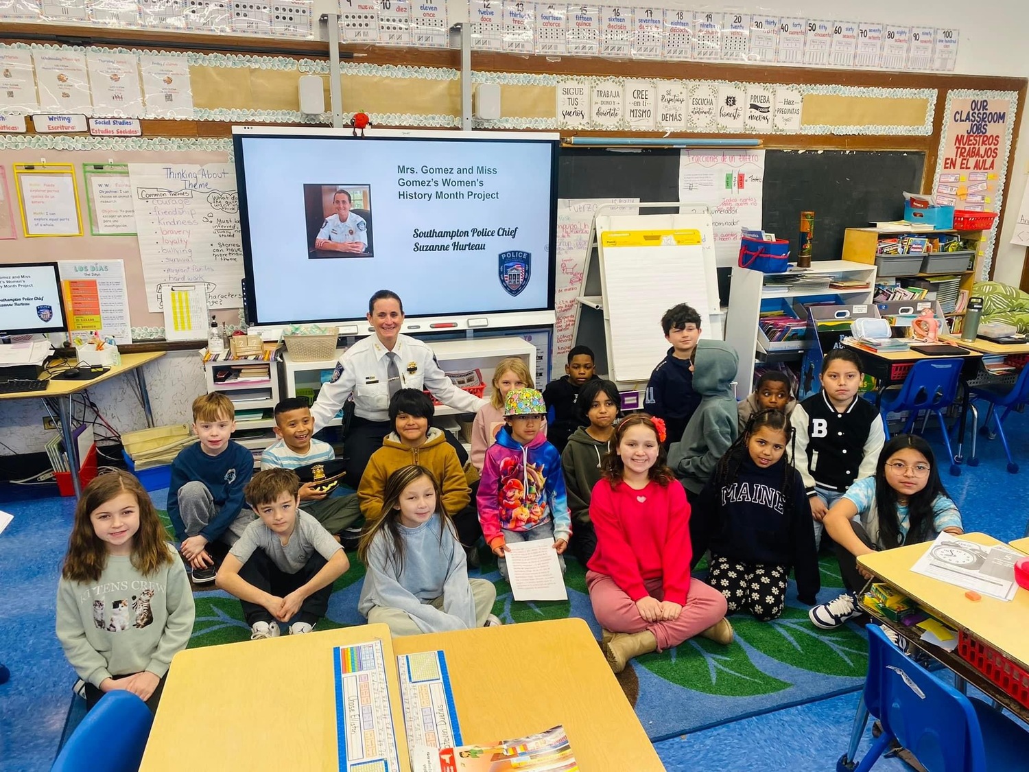 As part of a Women’s History Month celebration, Southampton Elementary School third grade students in Jessica Gomez's​ and Stefany Gomez-Barrientos’ class had a visit from Southampton Village Police Chief Suzanne Hurteau. During the visit, they learned that Chief Hurteau was the first female detective, the first female sergeant and the first female lieutenant before becoming the first female police chief in the department’s 127-year history. Prior to the visit, the students had been presenting information about important women during their school’s morning announcements. COURTESY SOUTHAMPTON SCHOOL DISTRICT