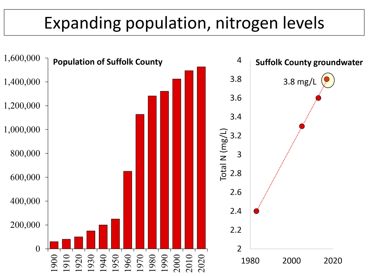 Nitrogen levels in Suffolk County groundwater have soared with population growth, presenting broad environmental and human health concerns, including cancer risks in humans and developmental issues in newborn babies. COURTESY OF THE GOBLER LAB