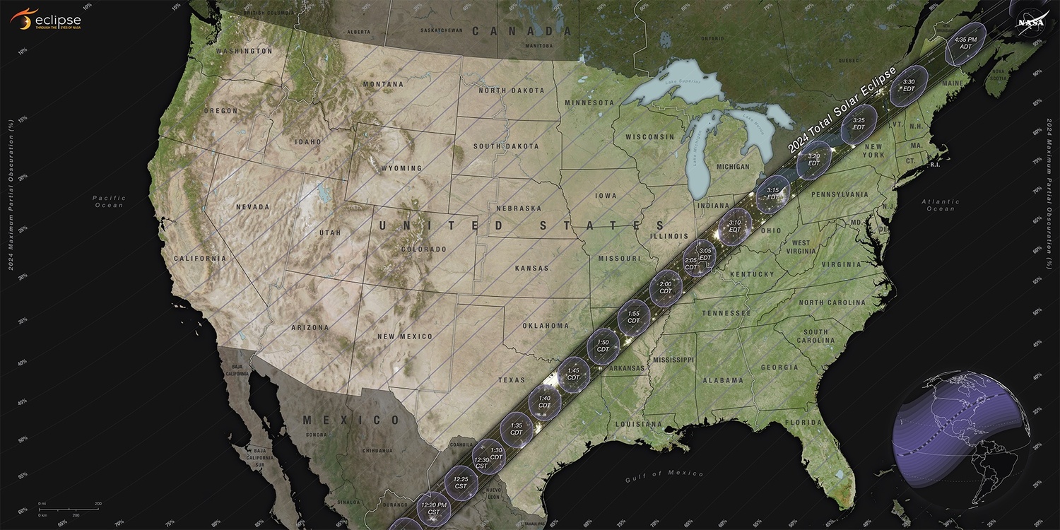 The path of totality and partial contours crossing the United States for the 2024 total solar eclipse on April 8. NASA'S SCIENTIFIC VISUALIZATION STUDIO